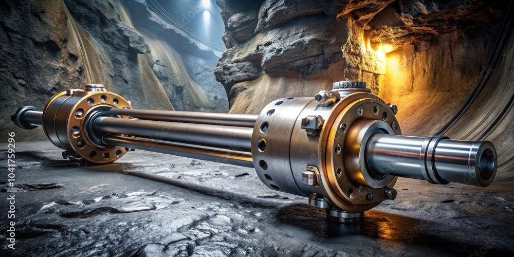 Poster a metallic hydraulic cylinder rests on a rocky surface within a cave, illuminated by a warm glow ema