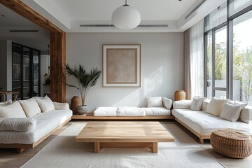 Fototapeta premium A modern Scandinavian interior in the living room with a minimalist, large art frame and sofa. Generative AI 