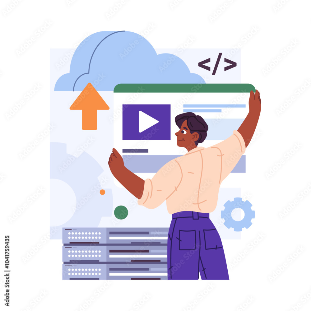 Poster Cloud computing systems and exchange, storing and transmitting data. Vector isolated man character with screen and video, downloading documents on backup site or application for office security