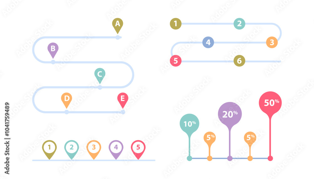 Poster Charts and graphics with percent and steps. Vector isolated logic and navigation, strategy with actions sequence. Presentation layout or progress of business, growth and development visualization