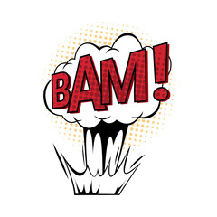Bam comic sound speech bubble expression for character drawing. Vector isolated icon cloud from explosion, bright dynamic cartoon with text. Thought bubble with onomatopoeia effect, pop art