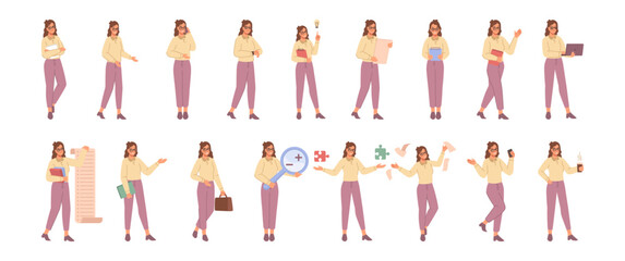 Woman employee at work, isolated set of personages looking for idea or presenting business plan. Vector manager with strategy or statistics, presentation or searching for new innovations