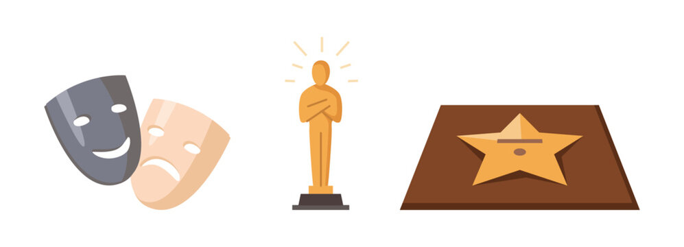 Star with celebrity name on alley, cinema industry. Vector isolated set of cinematography or television gold statuette. Drama and comedy masks for theater performers, entertainment and hobby