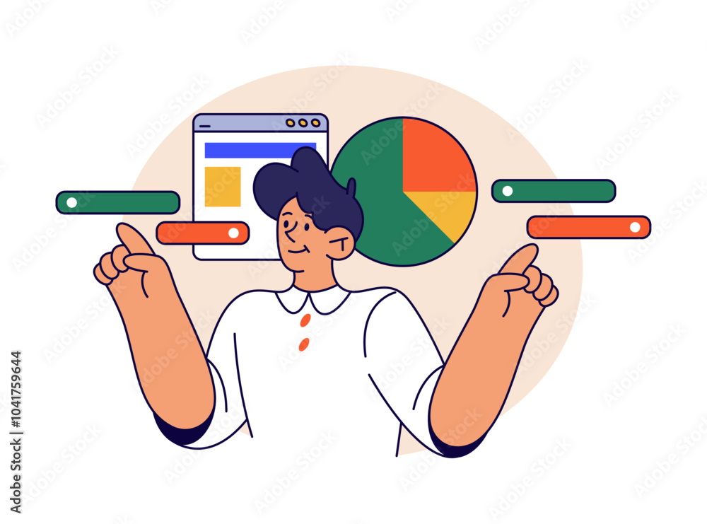 Poster Planning and making strategy for business startup or new project completion. Vector flat cartoon character with pie diagram, options and variants, alternatives and solutions