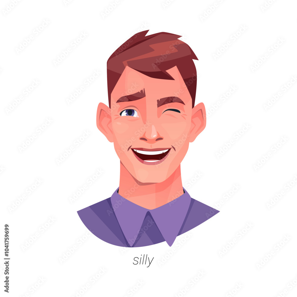 Poster silly and playful facial expression of man. vector isolated flat cartoon character, winking and smil