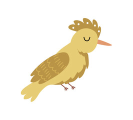Upupa epops or hoopoe cute cartoon character. Vector African or European wild exotic or tropical bird. Avifauna of woodlands, savannas and grasslands. Isolated avian animal, zoology and ornithology