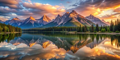 Breathtaking reflections of majestic mountains mirrored in a tranquil lake at sunset, extreme close-up