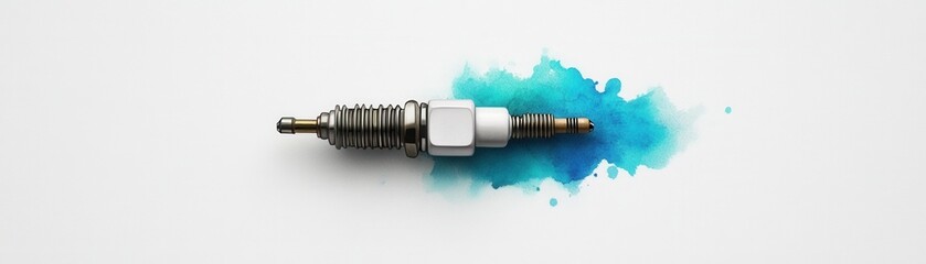 A spark plug with vibrant blue paint splashes, set against a clean white background.