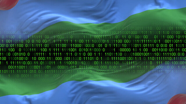 Dagestan flag - 3D realistic waving flag on matrix digital background with binary code