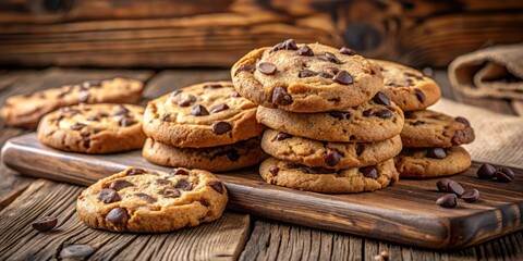 A close-up view of a stack of chocolate chip cookies, with the cookies being arranged on a wooden cutting board, and placed on a rustic wooden table