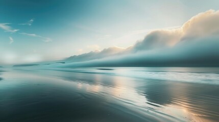 Calm Sea with Low Cloud Movement Over Horizon