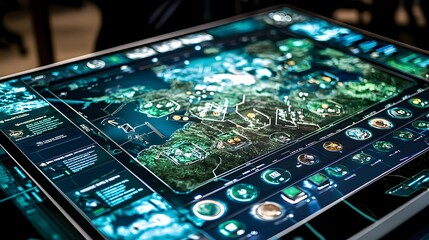 A photograph of a futuristic high tech digital board game with holographic projection displays showing real time strategy information and data analytics for an immersive interactive gaming experience