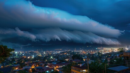 Fototapeta premium Dramatic Roll Cloud Illuminates City at Night