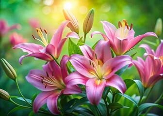 Fototapeta premium Beautiful Pink Garden Lilies in Long Exposure with Blurred Green Background for Bright Summer Wallpaper