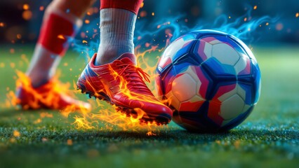 futbolista pateando un balón de fútbol en el estadio con el objetivo de marcar un gol. El futbolista tiene la ambición y el regate, para marcar el gol y escapar de los competidores. La pelota en el ai