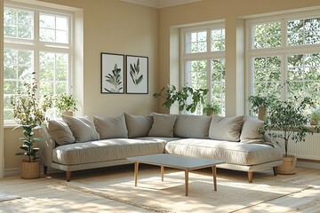 Minimalist, contemporary Scandinavian interiors in a small living room with art frames and sofas. Generative AI
