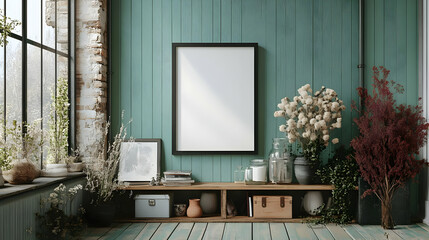 Minimalist Home Decor with Rustic Shelf and Green Wall