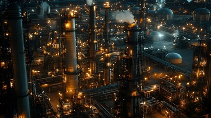 Illuminated Petrochemical Refinery Skyline at Night:Efficient Fuel Processing Complex