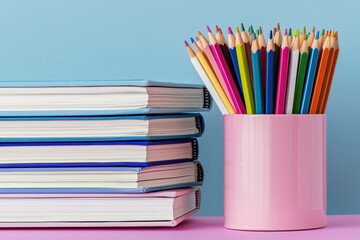 Fototapeta premium A collection of notebooks stacked beside a pink cup filled with colorful pencils against a light blue background.