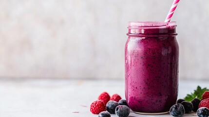 Berry Smoothie in a Glass Jar with a Straw