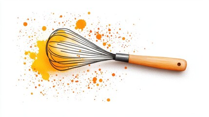 A whisk with a wooden handle surrounded by colorful splashes of paint, perfect for kitchen and cooking themes.