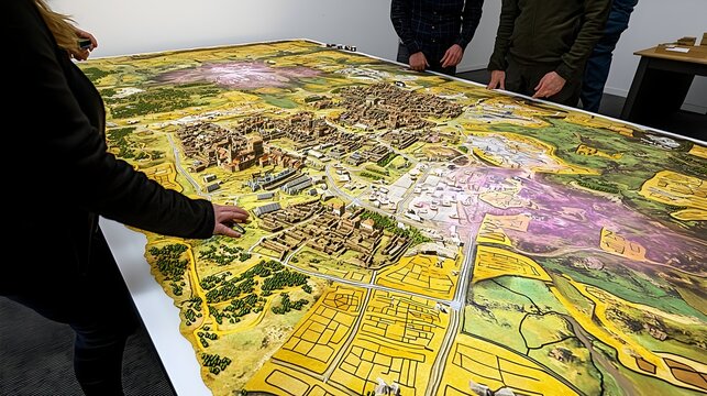 A strategic tabletop game with dynamic holographic projections showcasing the real time progress and data of the ongoing competition or simulation