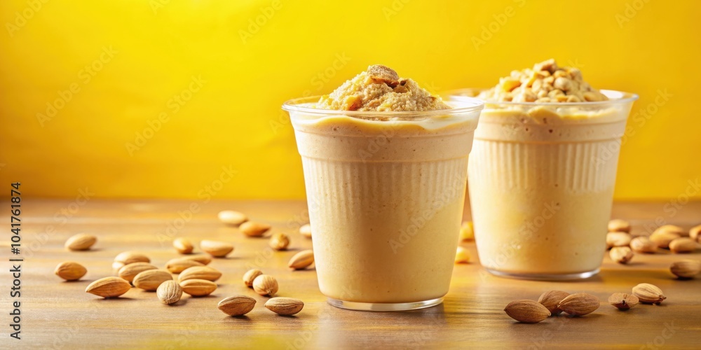 Poster two creamy smoothies topped with almonds, served on a rustic wooden table with scattered almonds