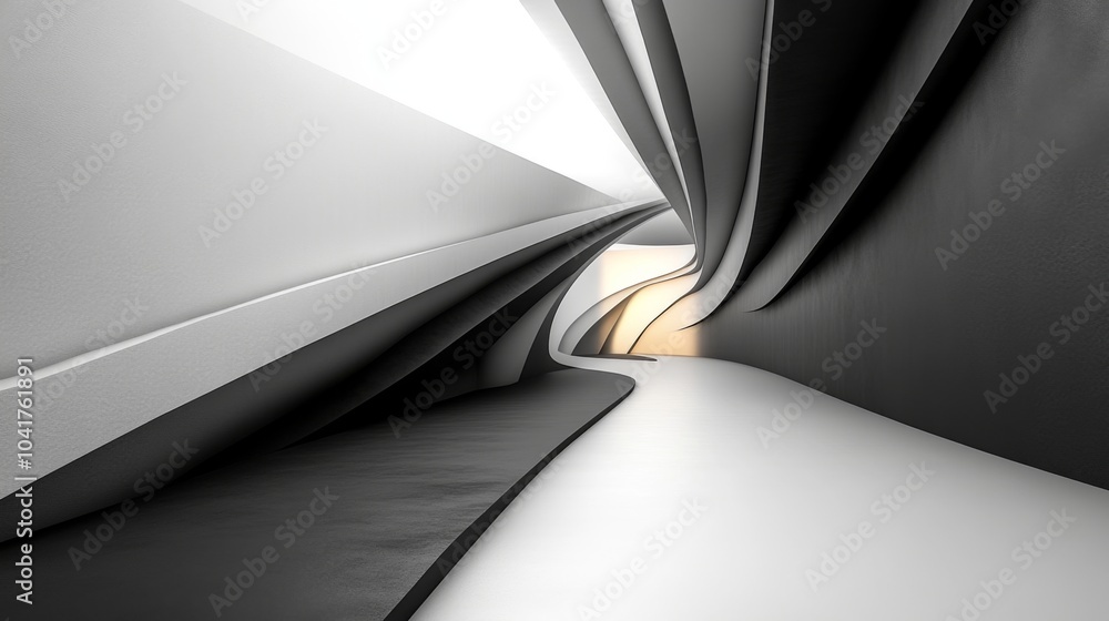 Poster The hallway showcases sophisticated design elements with curved transitions between black and white surfaces, enhanced by gentle lighting creating an inviting atmosphere.