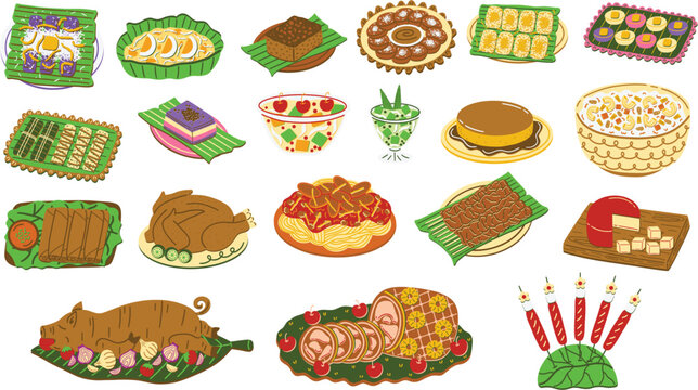 Filipino Christmas feast illustration set. Native delicacies and Filipino style dishes and desserts including spaghetti, lechon, lumpiang shanghai and more. Hand drawn vector illustrations.