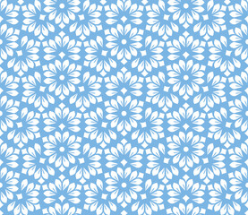 Flower geometric pattern. Seamless vector background. White and blue ornament. Ornament for fabric, wallpaper, packaging. Decorative print