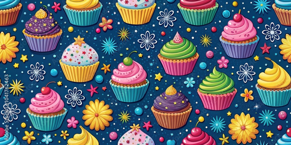 Poster A whimsical pattern of colorful cupcakes with various toppings and whimsical decorations on a dark blue background.