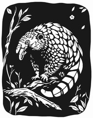 Pangolin black and white vector art illustration