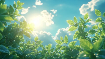 Naklejka premium Green leaves of trees on blue sky and clouds background