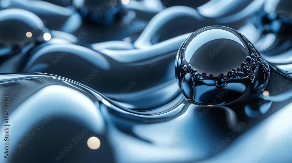 Fototapete Droplets glimmer on the surface of a fluid, reflecting light and creating intricate patterns. The sleek texture and shimmering quality evoke a sense of calm.