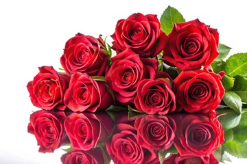 Obraz premium Red roses in a bouquet reflected on a white background