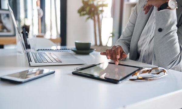 Office, screen or hands of businesswoman on tablet for social media app, networking website or internet. Touchscreen, online or public relations officer on technology for planning or research project