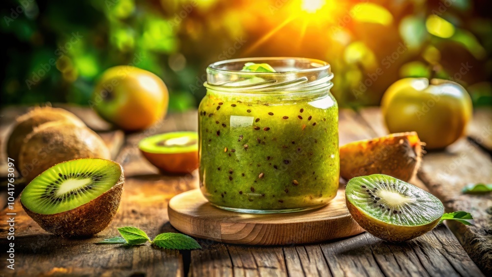 Poster A jar of kiwi smoothie with fresh kiwi slices on a rustic wooden table, illuminated by the warm glow of the setting sun.