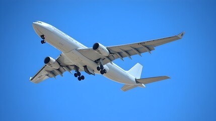 High-Speed Commercial Airplane Taking Flight Against Vibrant Blue Sky