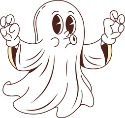 Cartoon groovy Halloween ghost character saying boo. Isolated vector mischievous spook or phantom retro personage floats with raised hands creating eerie vibe. Spectral form celebrate spooky night