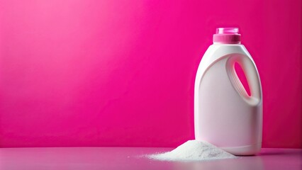 Bright pink background with reflected bottle of washing powder