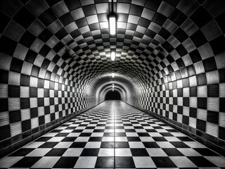Naklejka premium Black and White Checkered Tunnel in Low Light Photography for Dramatic Atmosphere and Depth