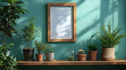 Green Plants and a Picture Frame on a Shelf