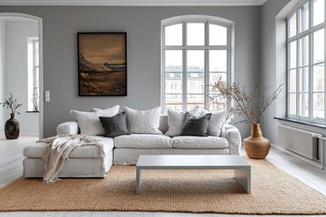 Minimalist, contemporary Scandinavian interiors in a small living room with art frames and sofas. Generative AI

