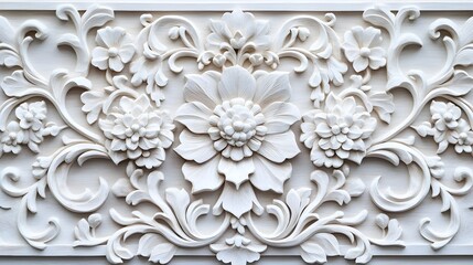 Intricate Thai Wooden Carving with Floral Details and Blank Space