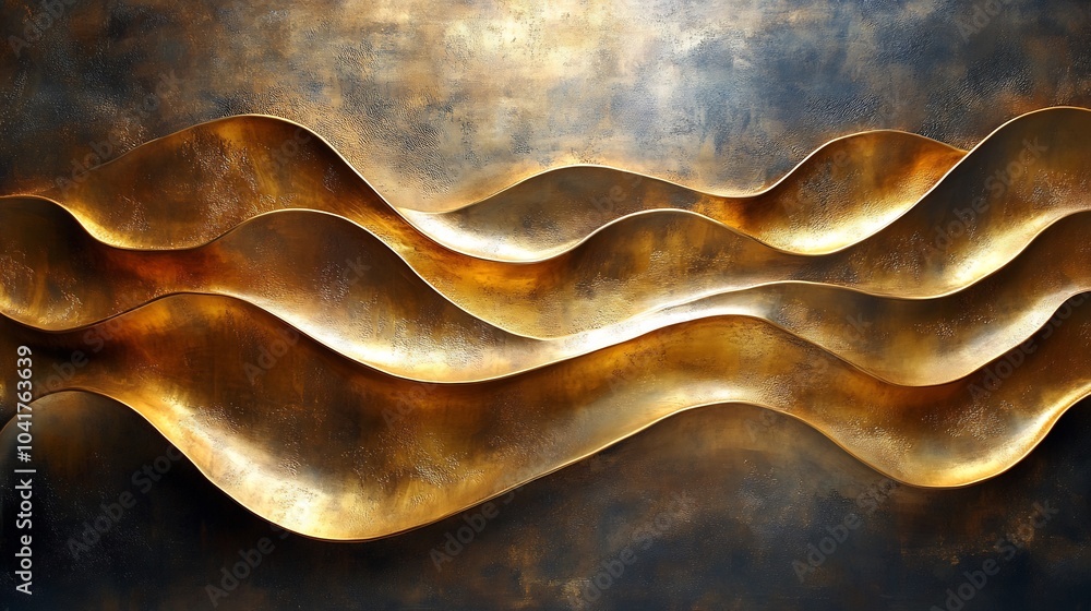 Poster elegant array of golden wall art pieces with flowing lines and wave patterns complemented by gradien