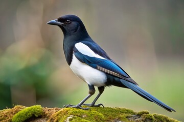 Fototapeta premium Black and White Silhouette of a Eurasian Magpie - Intelligent Bird Photography