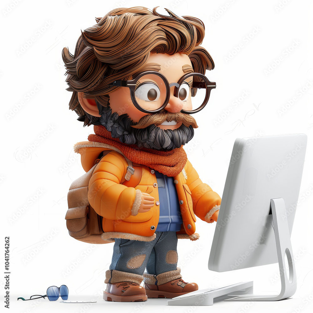 Poster cartoon character using computer full body view
