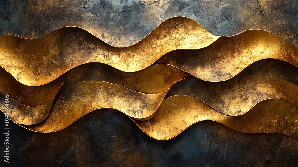Poster elegant array of golden wall art pieces with flowing lines and wave patterns complemented by gradien