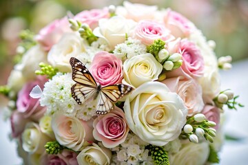 Bridal bouquet with white and pink flowers and butterfly macro shot