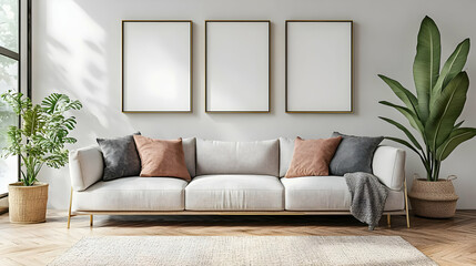 Modern Living Room Decor with Gold Frames and White Sofa